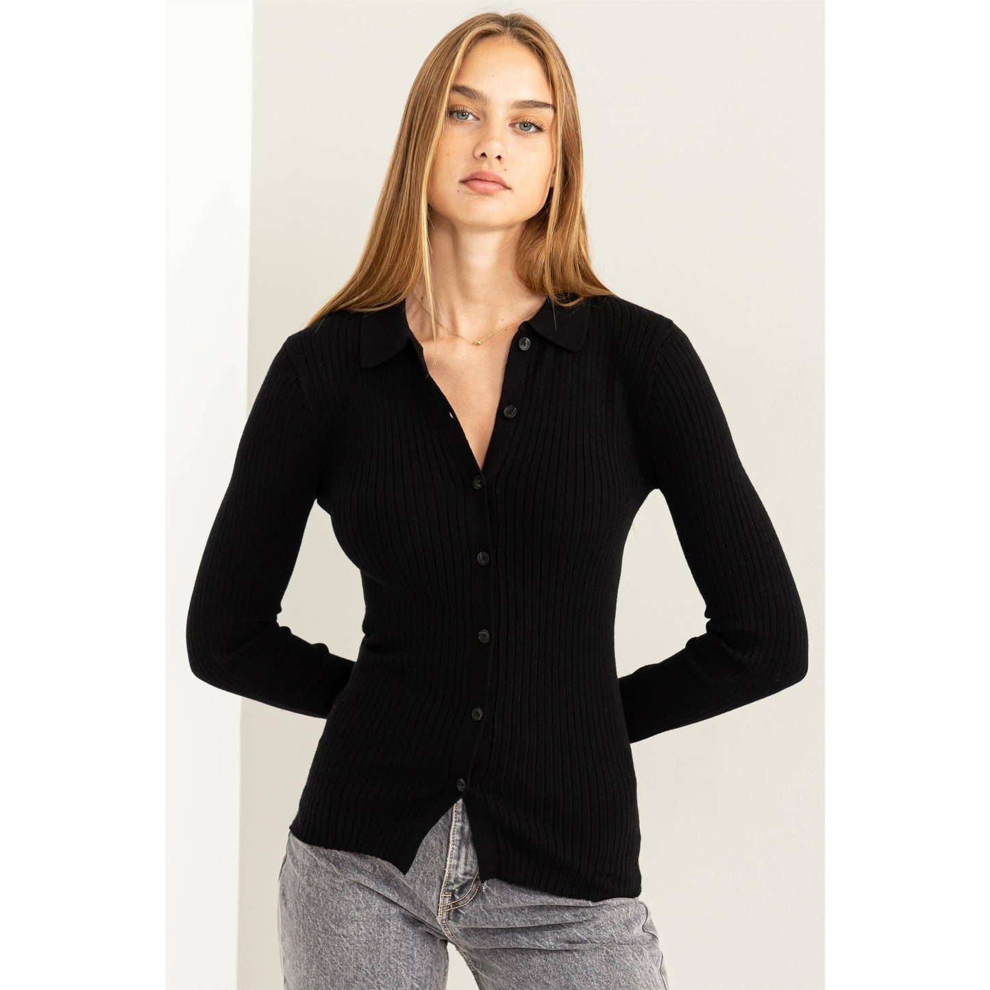 SPEAK CHIC RIBBED COLLARED CARDIGAN: CREAM / M