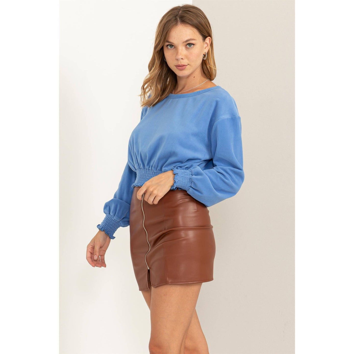 HERE TO WOW BRUSHED KNIT SMOCKED CROP TOP: LAVENDER / L