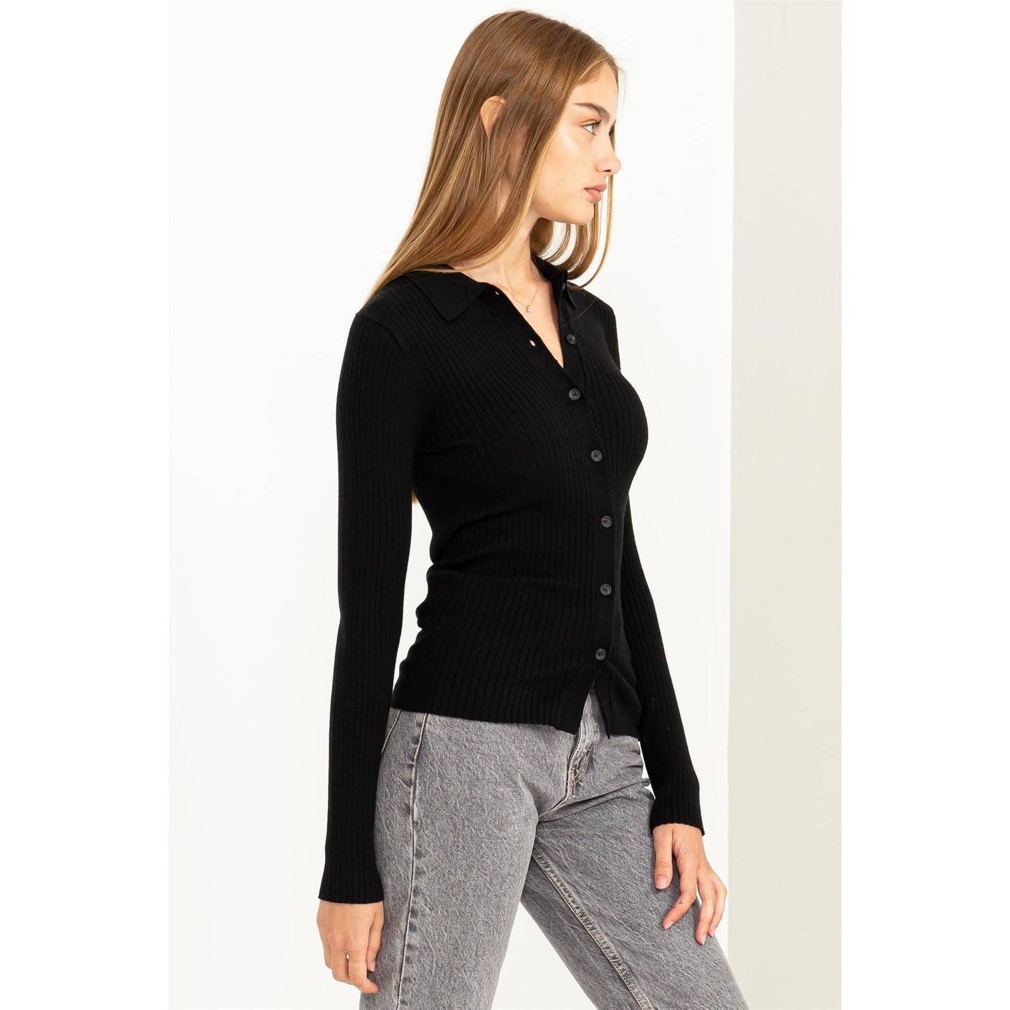 SPEAK CHIC RIBBED COLLARED CARDIGAN: CREAM / M