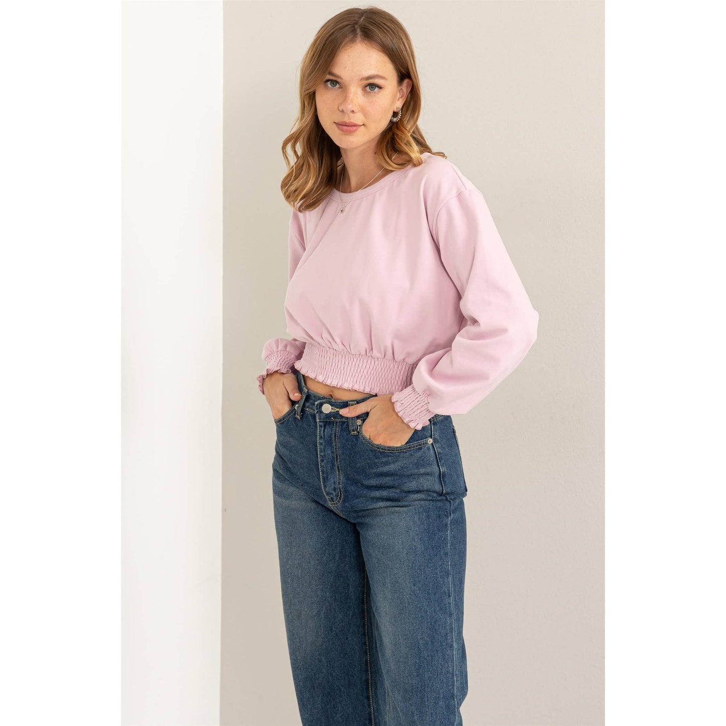 HERE TO WOW BRUSHED KNIT SMOCKED CROP TOP: LAVENDER / L