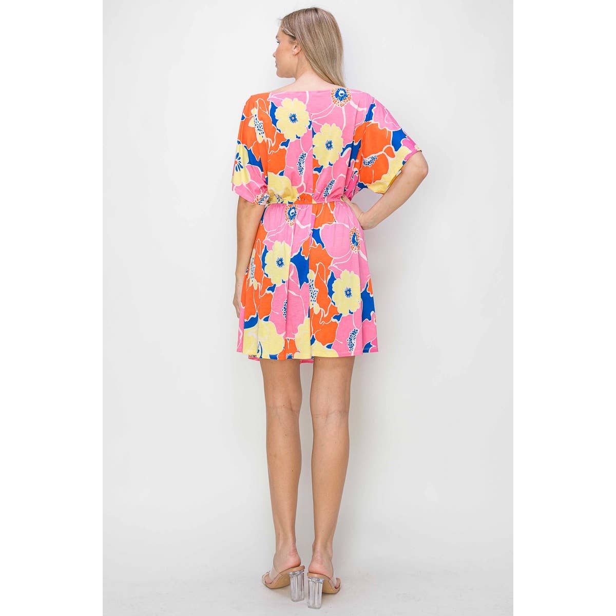 OL24A267-9-WIDE BOAT NECK FLORALL PRINT DRESS: M / PINK MULTI