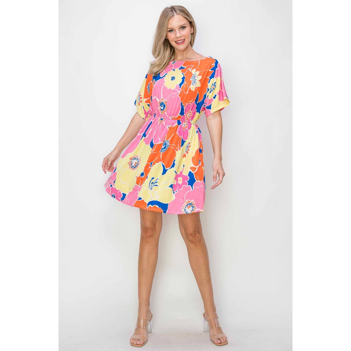 OL24A267-9-WIDE BOAT NECK FLORALL PRINT DRESS: M / PINK MULTI