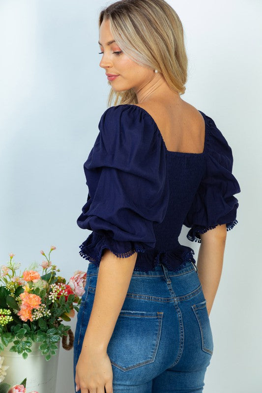 WHITE BIRCH- Tie Front Smocked Top