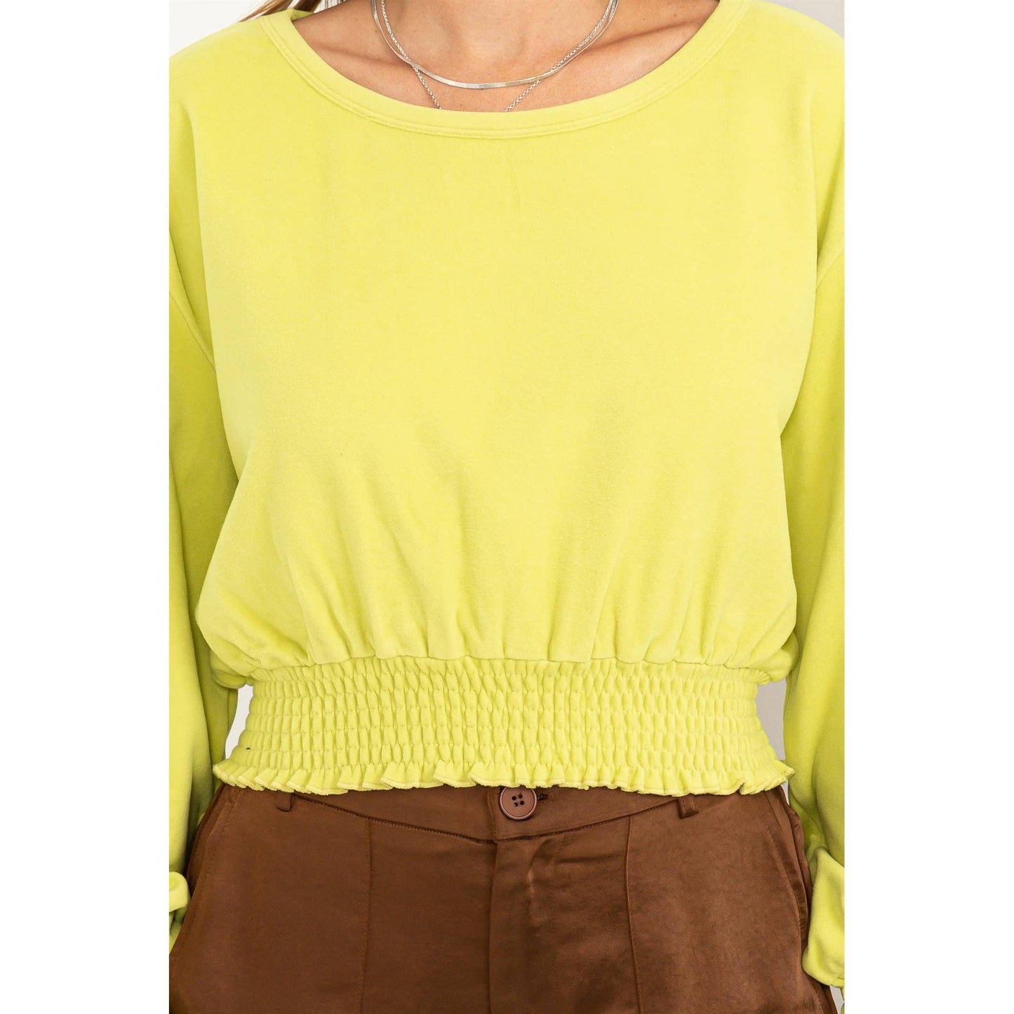 HERE TO WOW BRUSHED KNIT SMOCKED CROP TOP: LAVENDER / L