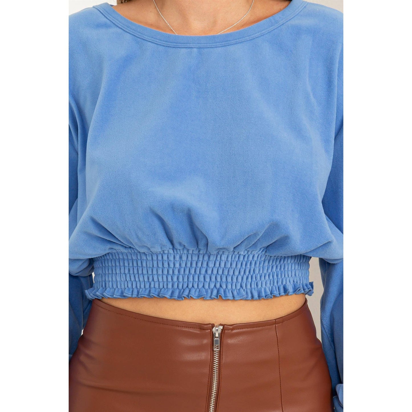 HERE TO WOW BRUSHED KNIT SMOCKED CROP TOP: LAVENDER / L