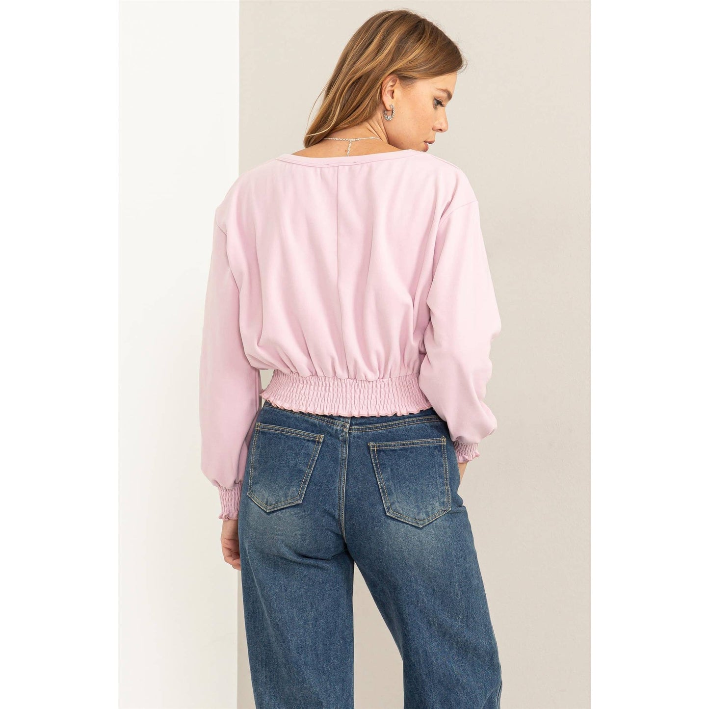 HERE TO WOW BRUSHED KNIT SMOCKED CROP TOP: LAVENDER / L
