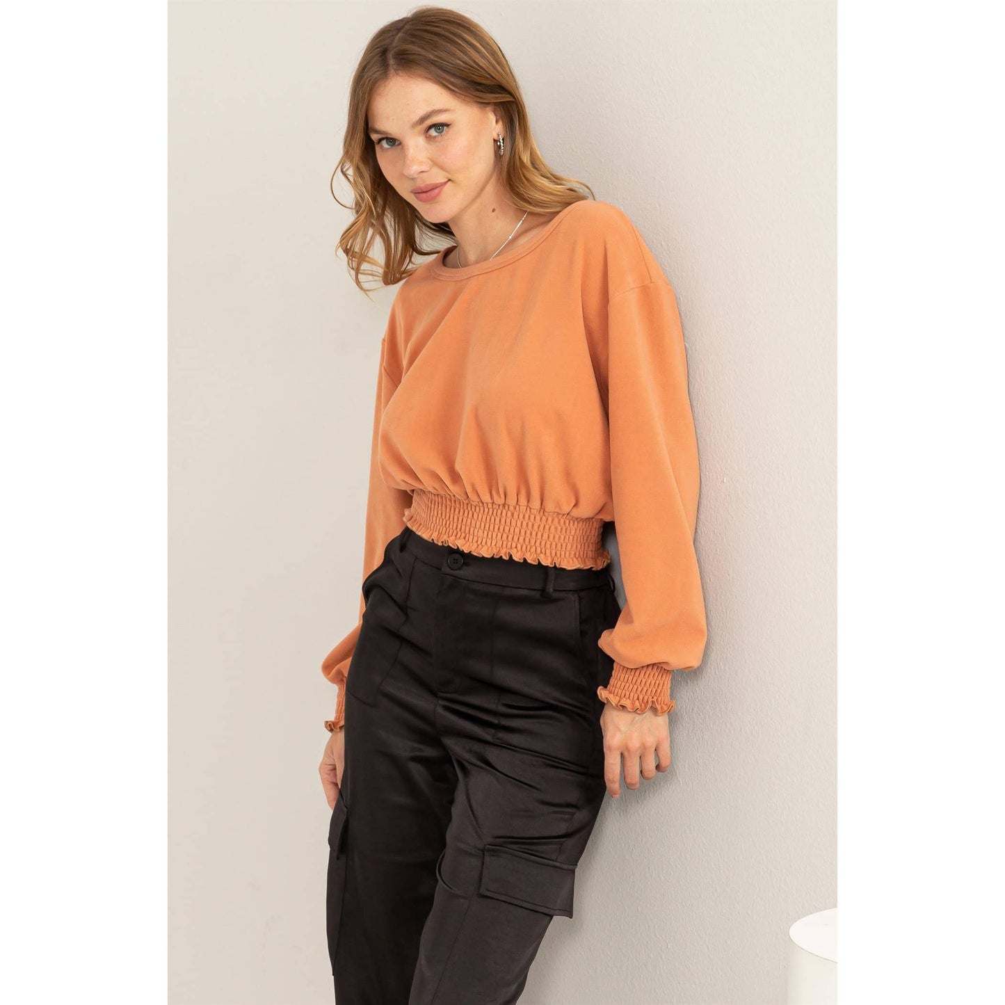 HERE TO WOW BRUSHED KNIT SMOCKED CROP TOP: LAVENDER / L