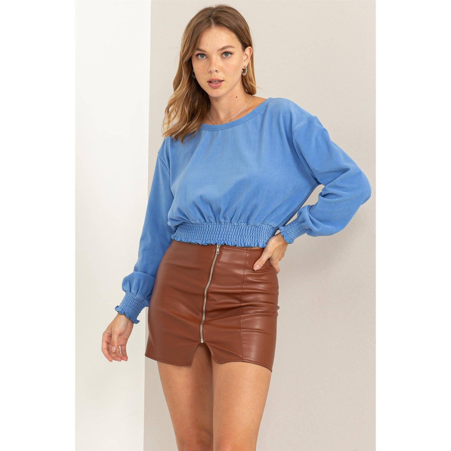 HERE TO WOW BRUSHED KNIT SMOCKED CROP TOP: LAVENDER / L