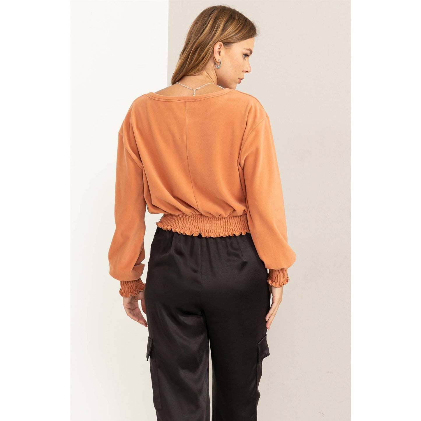 HERE TO WOW BRUSHED KNIT SMOCKED CROP TOP: LAVENDER / M