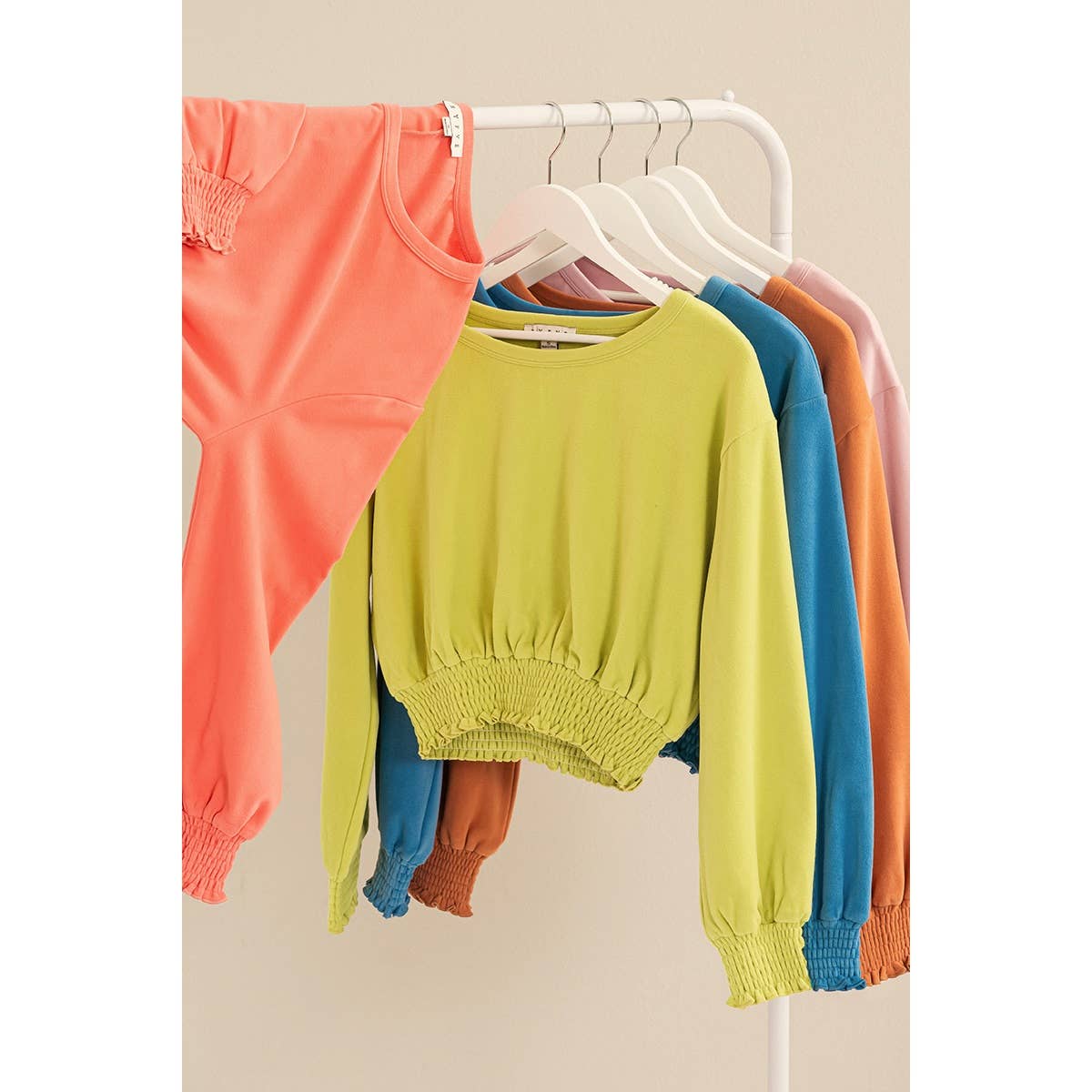 HERE TO WOW BRUSHED KNIT SMOCKED CROP TOP: LAVENDER / L