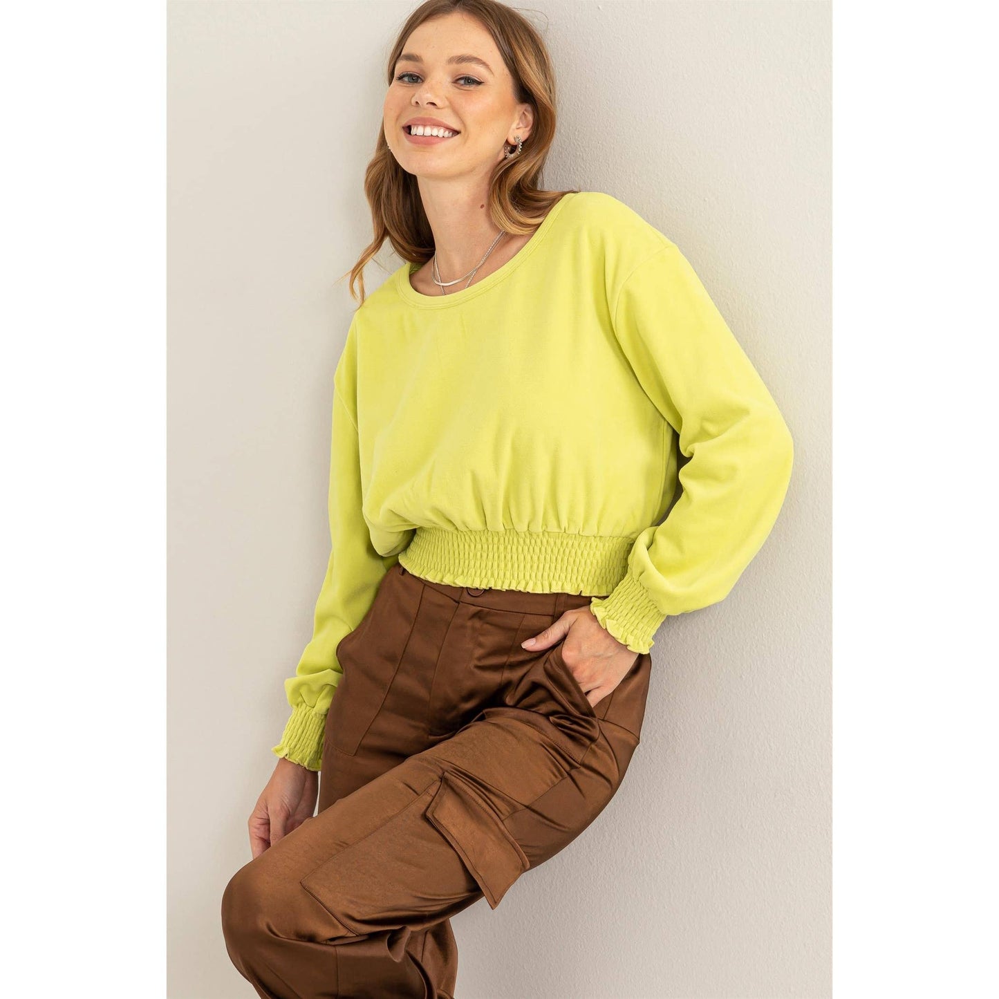 HERE TO WOW BRUSHED KNIT SMOCKED CROP TOP: LAVENDER / L