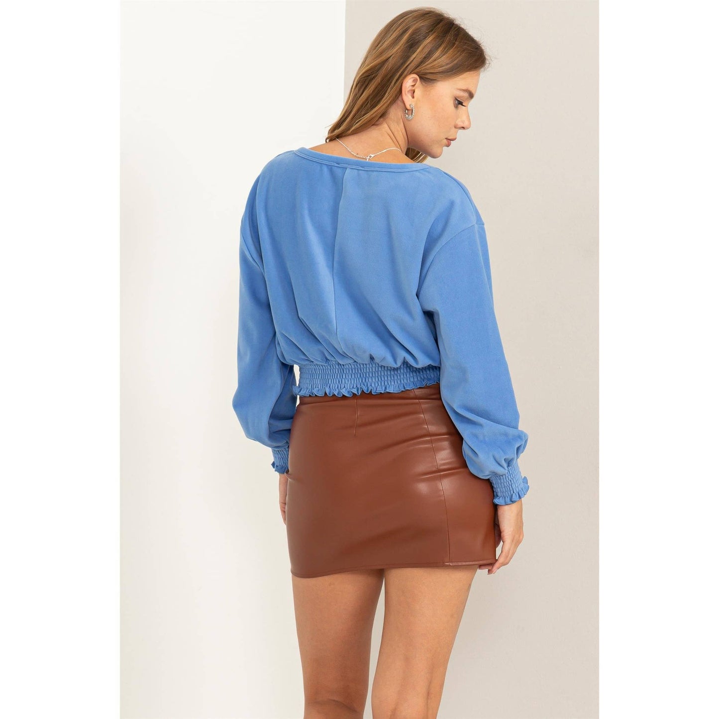 HERE TO WOW BRUSHED KNIT SMOCKED CROP TOP: LAVENDER / L