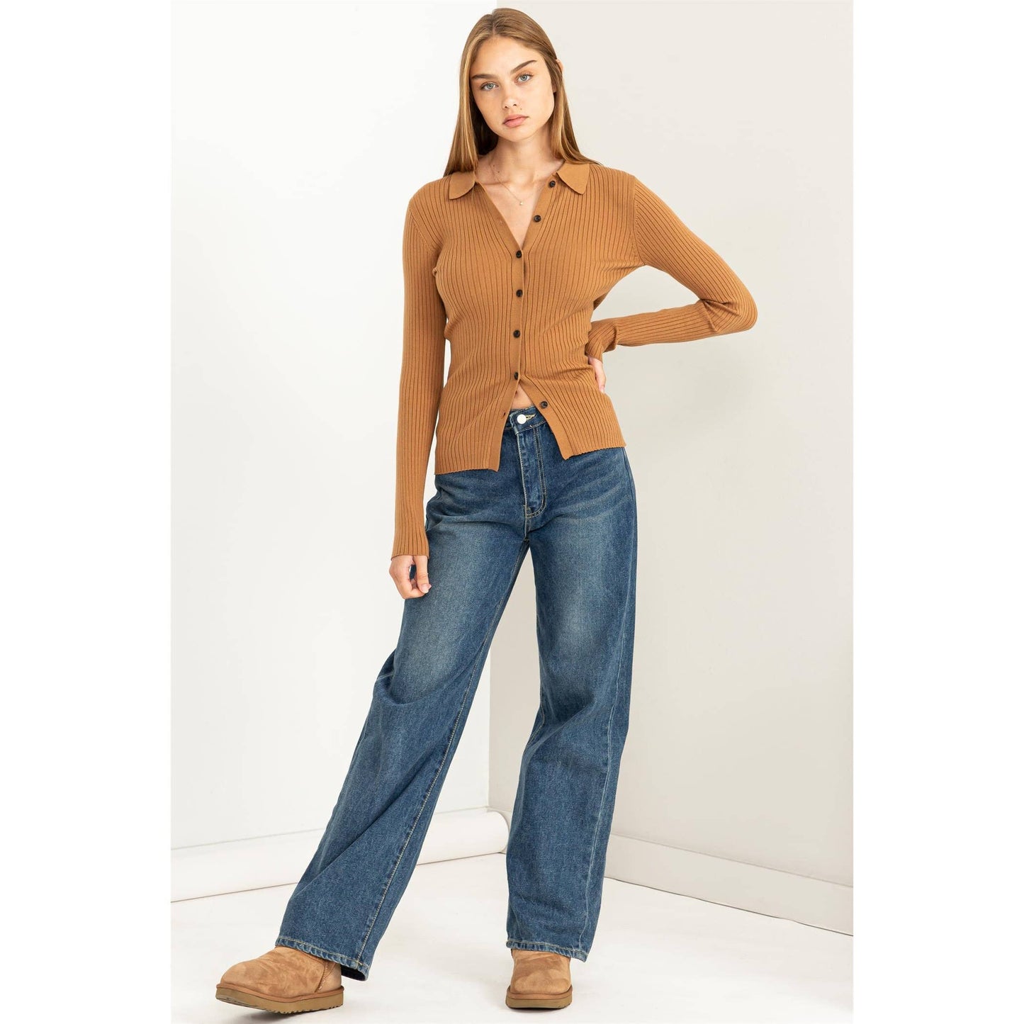 SPEAK CHIC RIBBED COLLARED CARDIGAN: CREAM / M