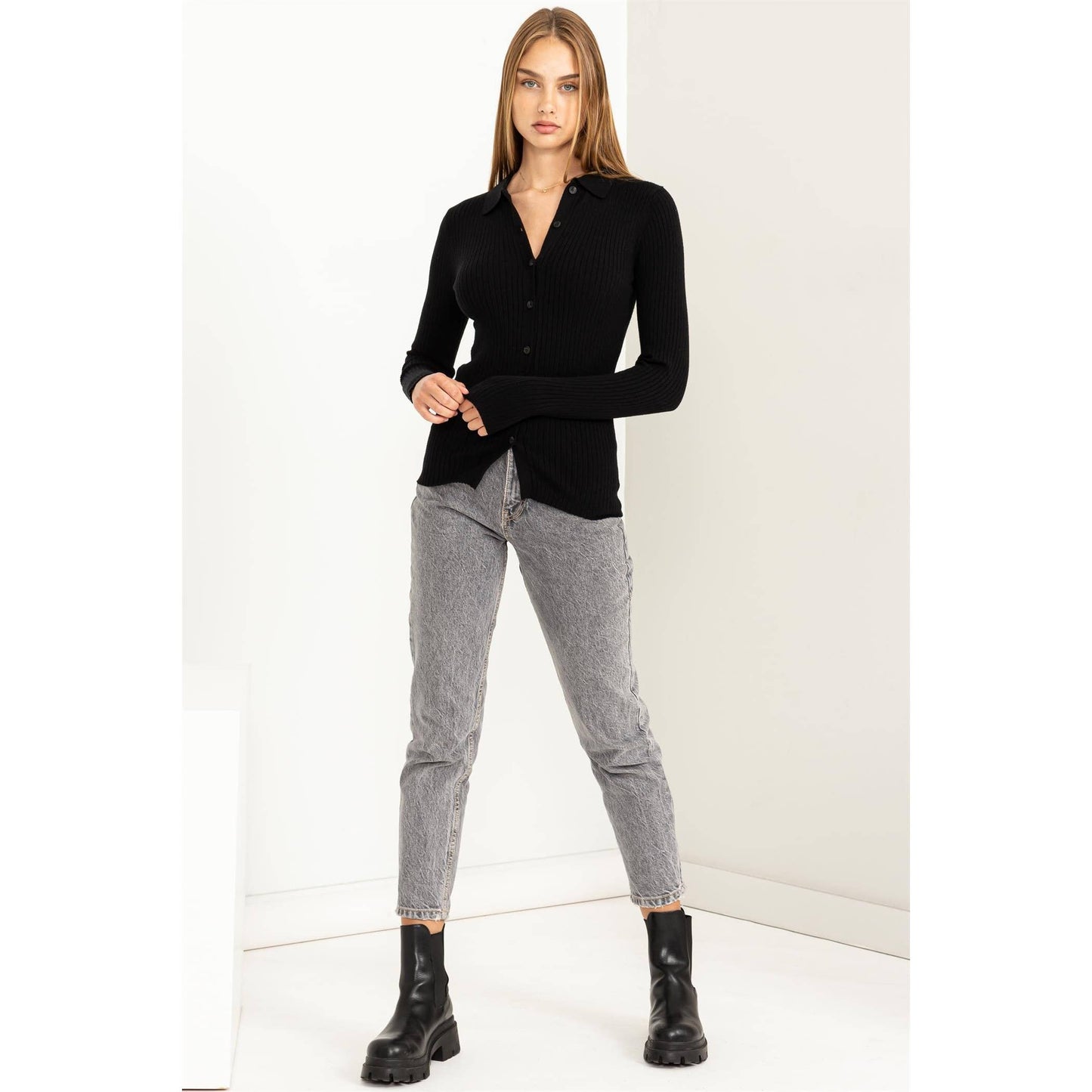 SPEAK CHIC RIBBED COLLARED CARDIGAN: CREAM / M