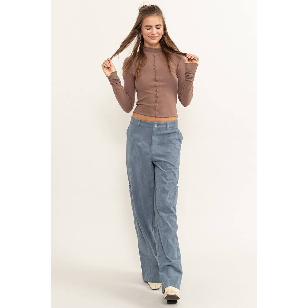 EFFORTLESS STYLE RIBBED KNIT HIGH NECK TOP: BLUE / L