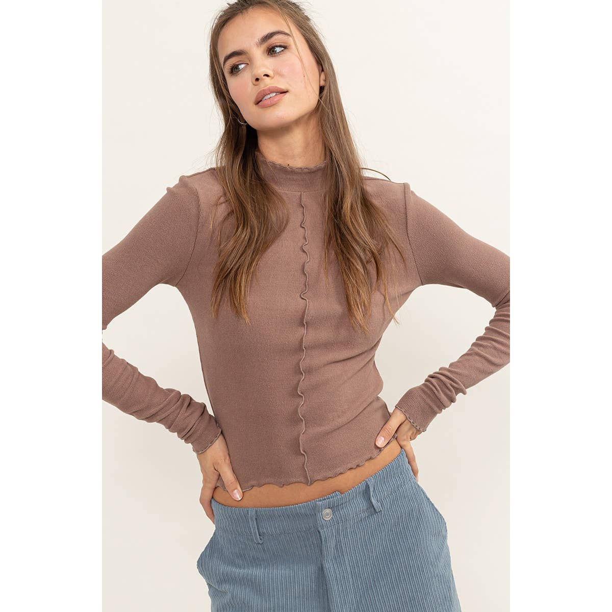 EFFORTLESS STYLE RIBBED KNIT HIGH NECK TOP: BLUE / L