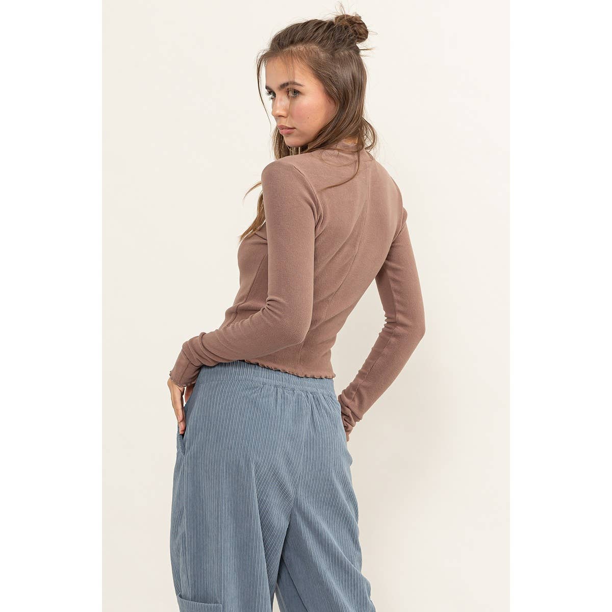 EFFORTLESS STYLE RIBBED KNIT HIGH NECK TOP: BLUE / L