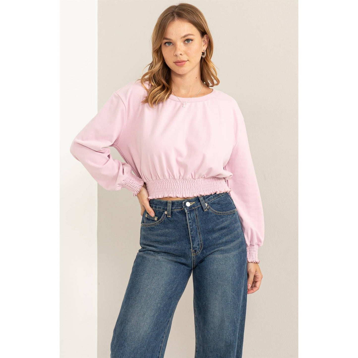 HERE TO WOW BRUSHED KNIT SMOCKED CROP TOP: LAVENDER / L