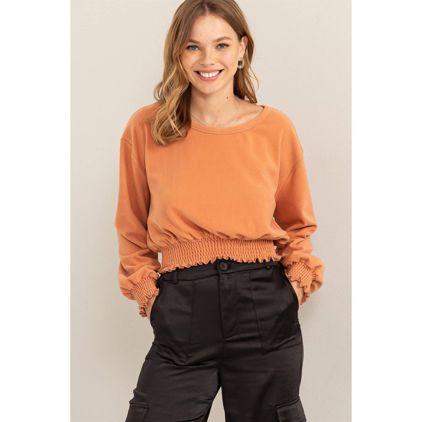 HERE TO WOW BRUSHED KNIT SMOCKED CROP TOP: LAVENDER / L