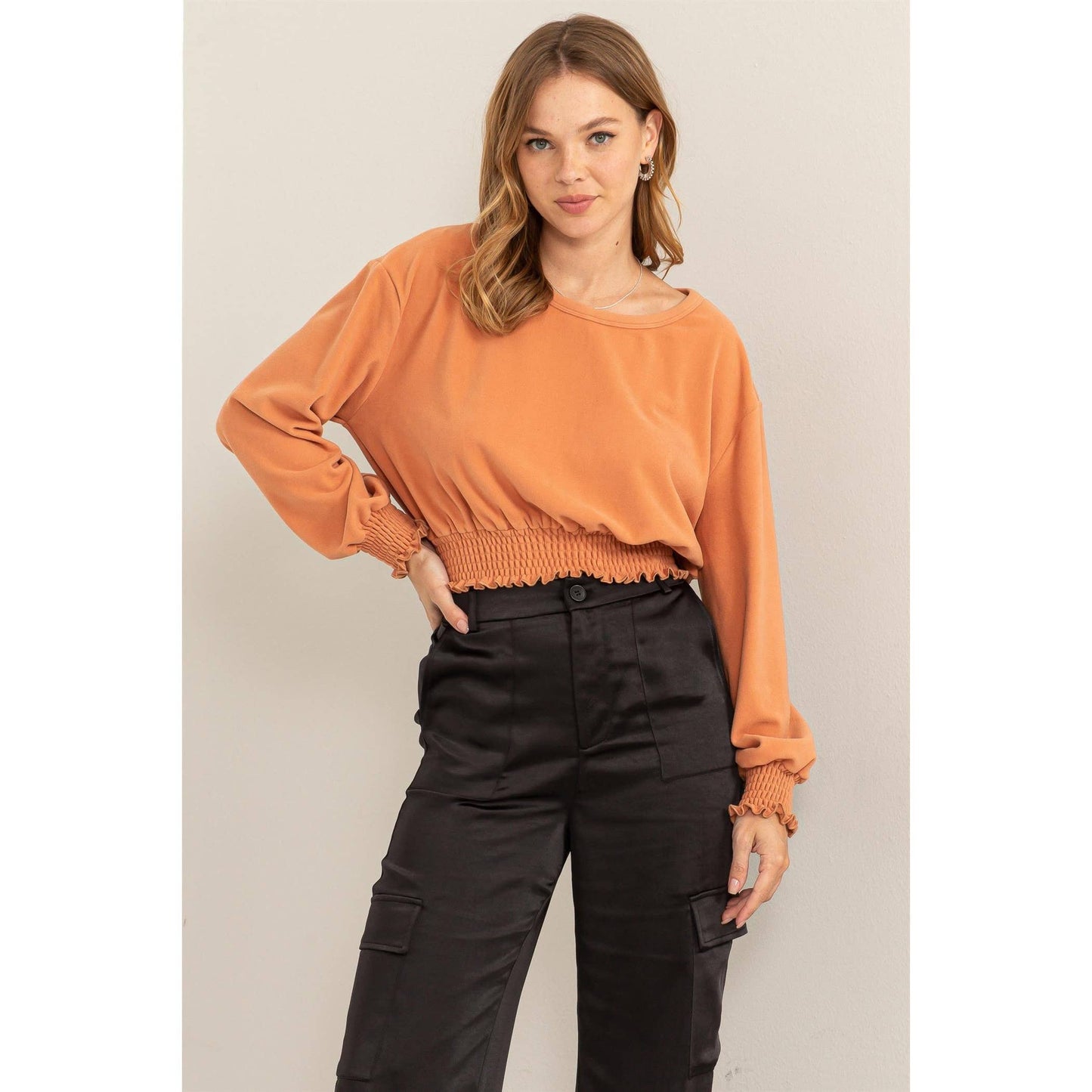 HERE TO WOW BRUSHED KNIT SMOCKED CROP TOP: LAVENDER / M