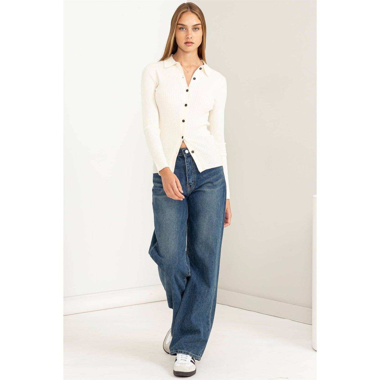 SPEAK CHIC RIBBED COLLARED CARDIGAN: CREAM / M