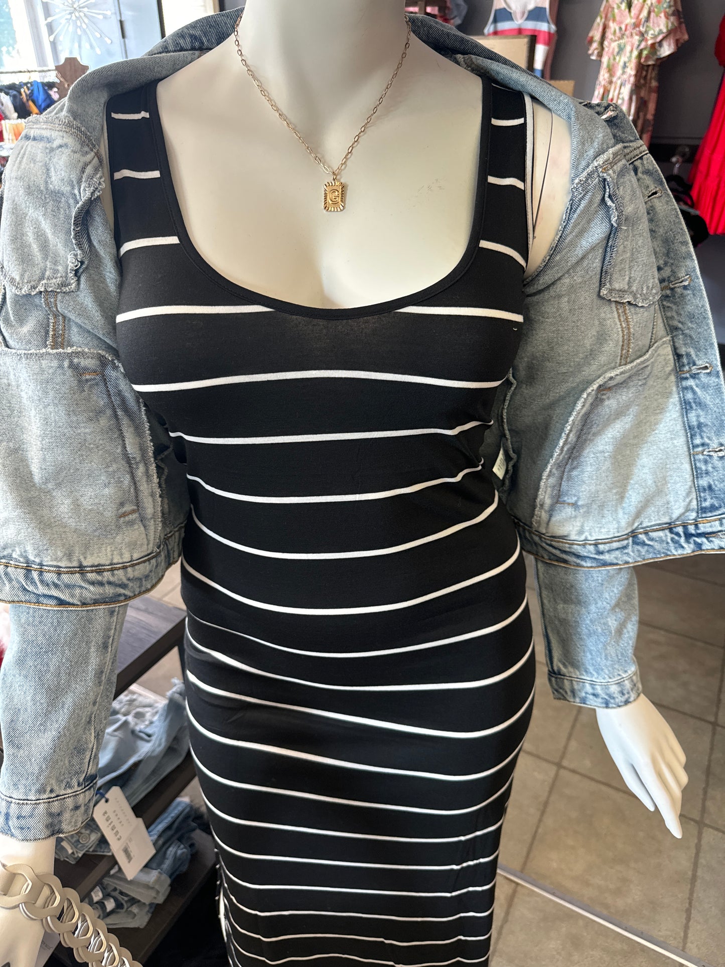 AD Black Stripe Sleeveless Dress with Side Slit