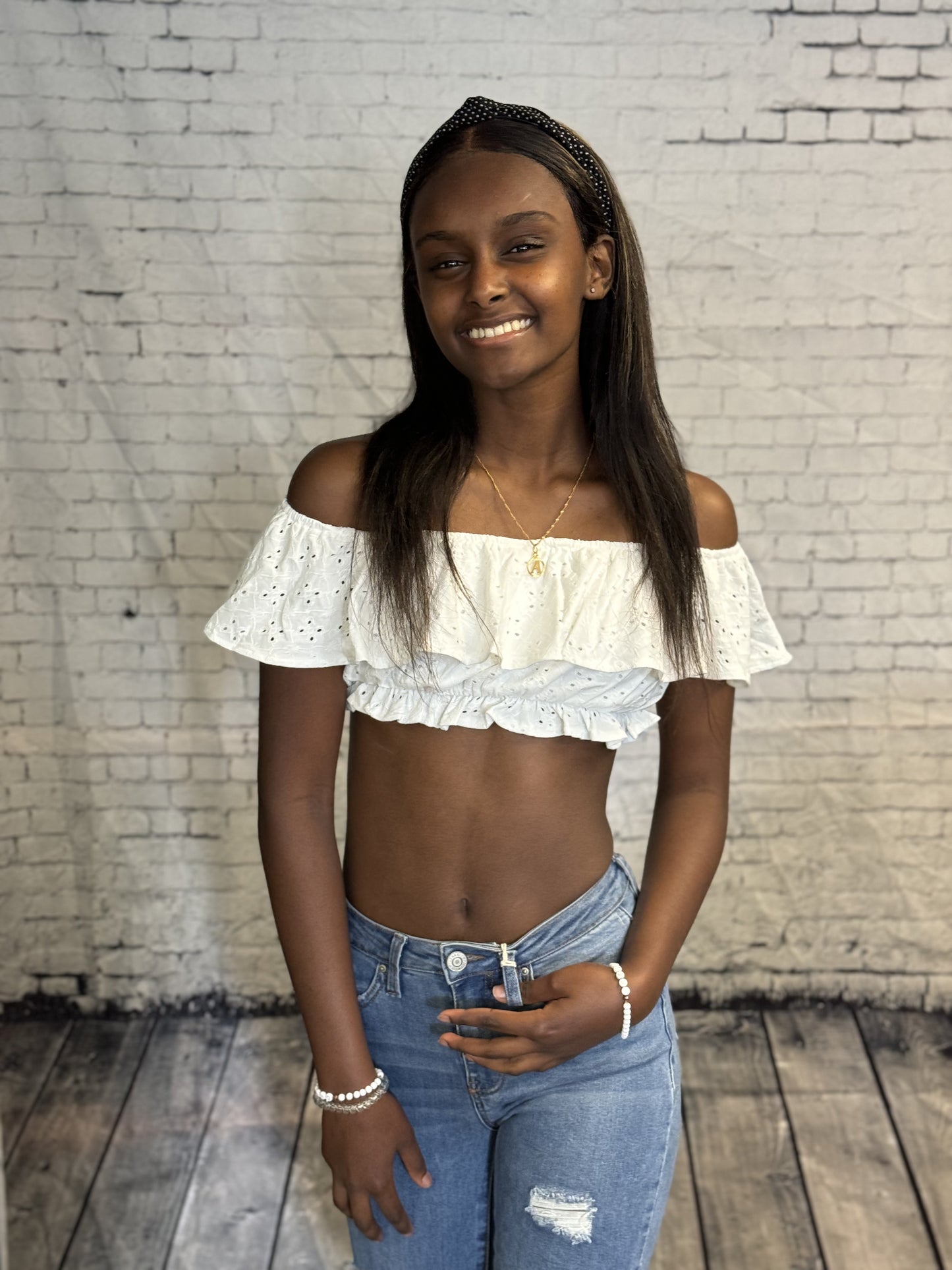 AD White Off Shoulder Ruffle Crop Top