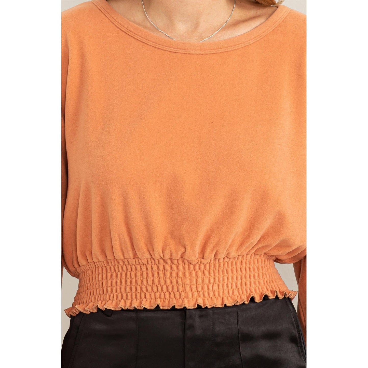 HERE TO WOW BRUSHED KNIT SMOCKED CROP TOP: LAVENDER / L