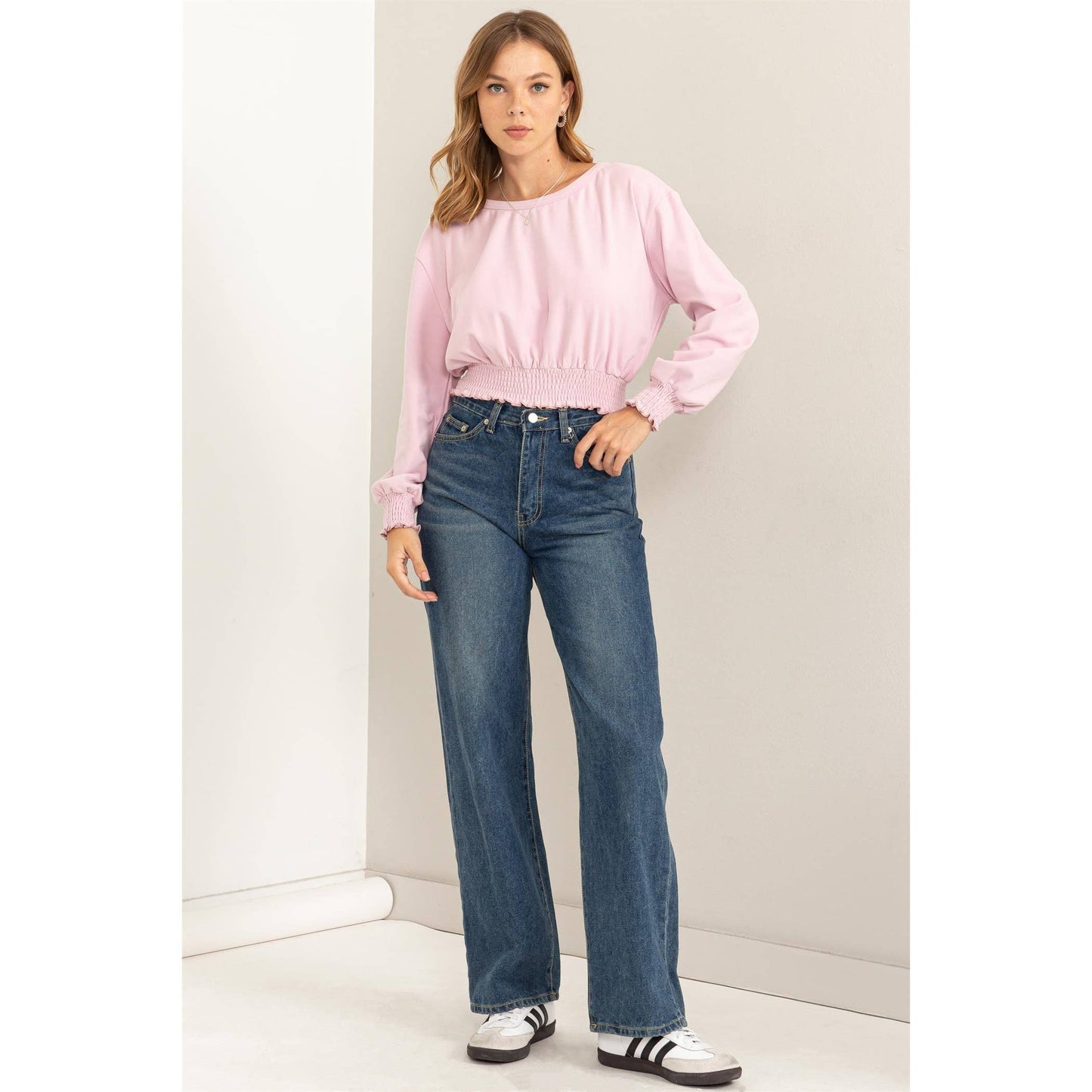 HERE TO WOW BRUSHED KNIT SMOCKED CROP TOP: LAVENDER / L