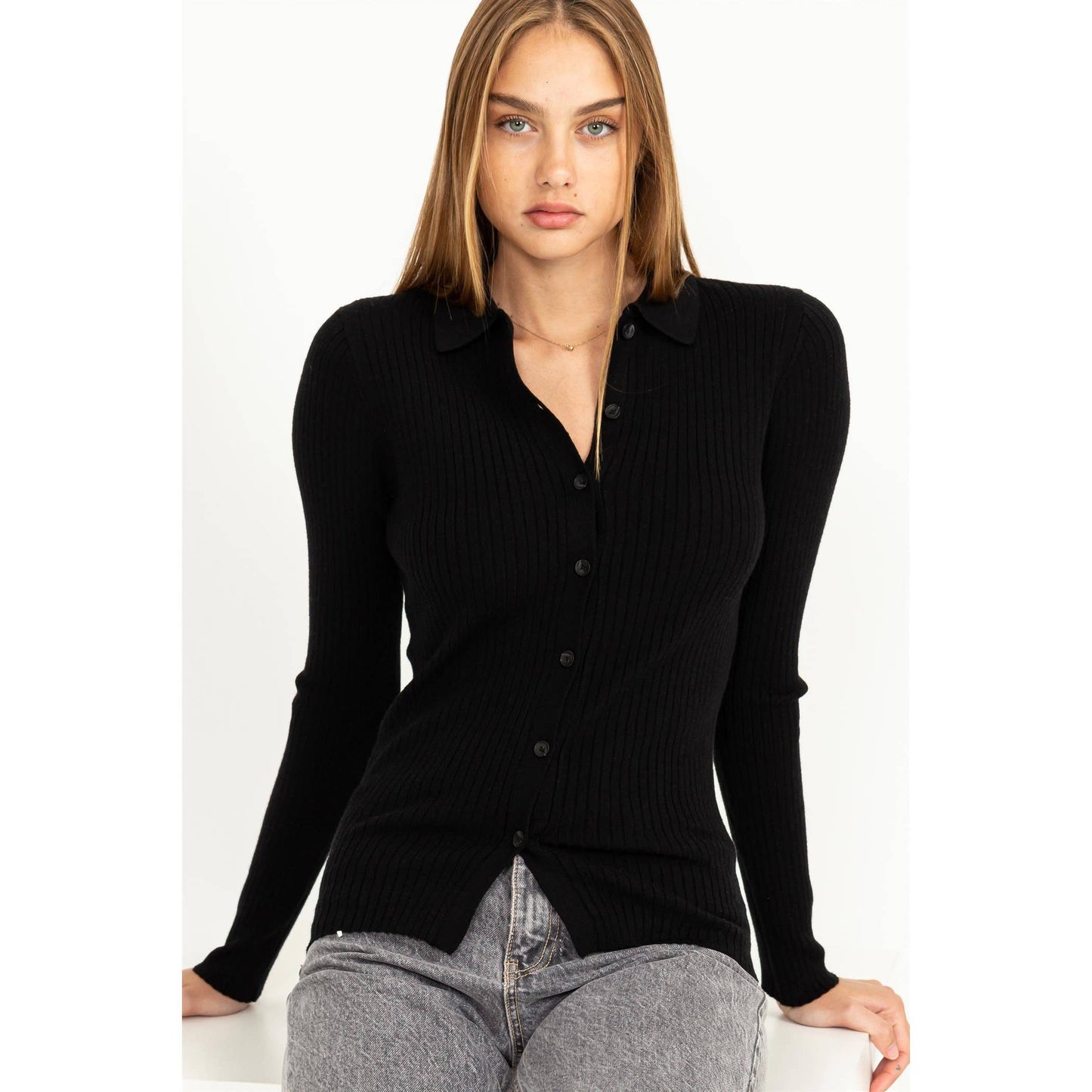 SPEAK CHIC RIBBED COLLARED CARDIGAN: CREAM / M