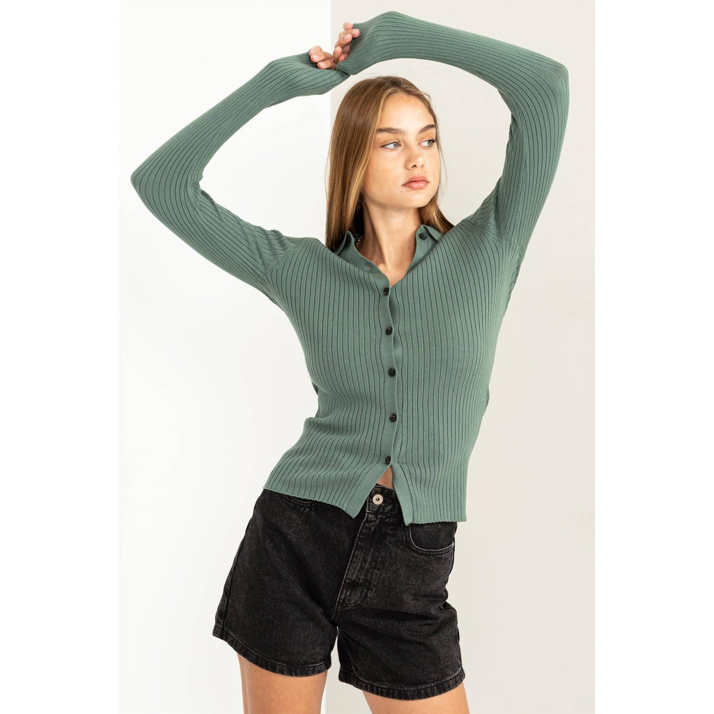 SPEAK CHIC RIBBED COLLARED CARDIGAN: CREAM / M