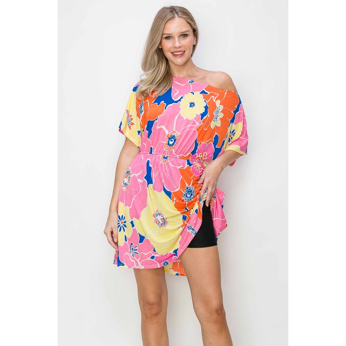 OL24A267-9-WIDE BOAT NECK FLORALL PRINT DRESS: L / PINK MULTI