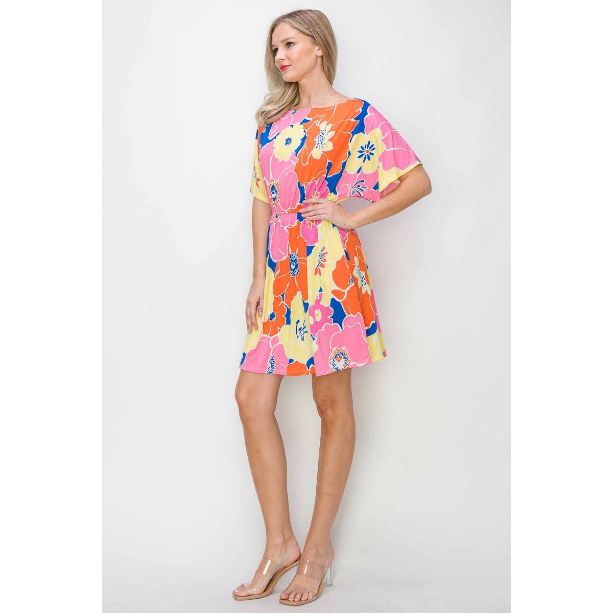 OL24A267-9-WIDE BOAT NECK FLORALL PRINT DRESS: M / PINK MULTI