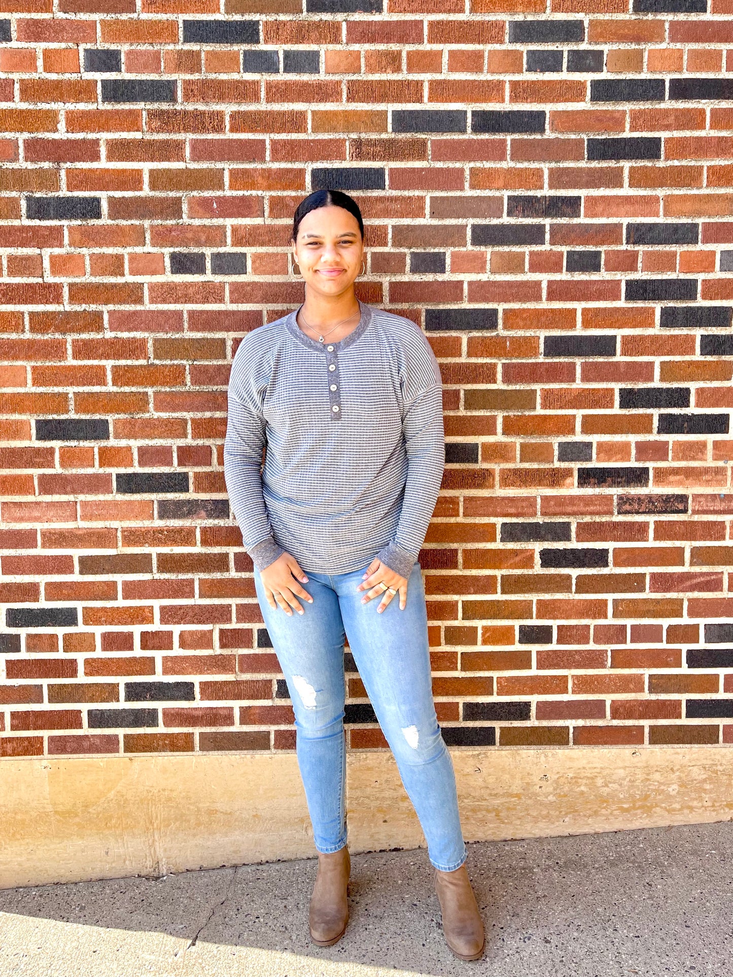 STACCATO- Navy Waffle Stripe Top