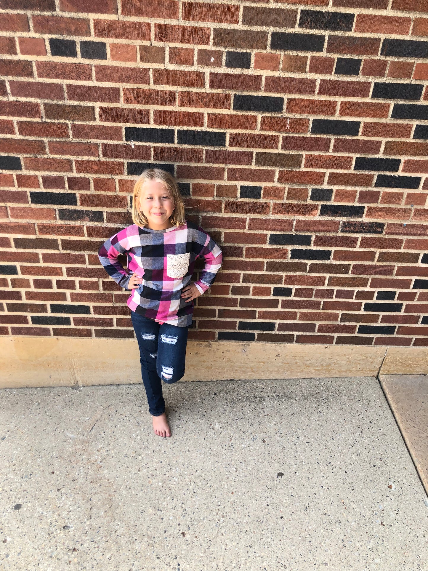 PS KATE- Pink Color Checker Trim Pocket Kids Pullover