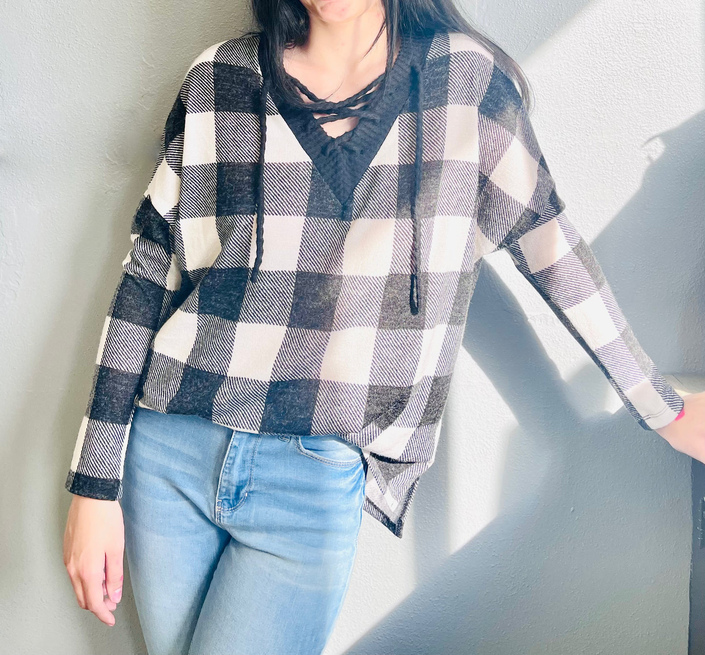 WHITE BIRCH- V Neck Plaid LS Top w/ Front Cross
