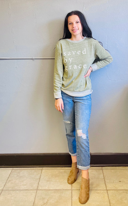 Saved By Grace | French Terry Sweater with Elbow Patches | Military Green