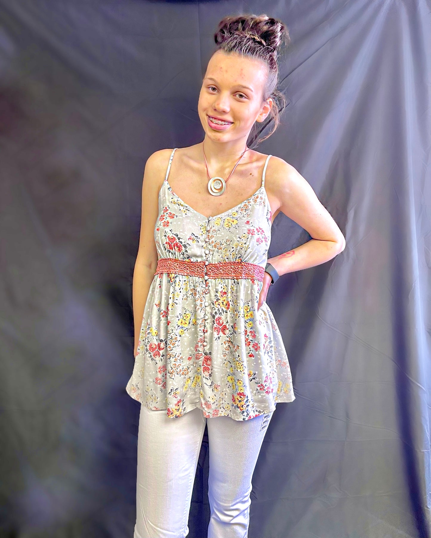 WHITE BIRCH- Ditzy Floral Printed Lace Trim Cami