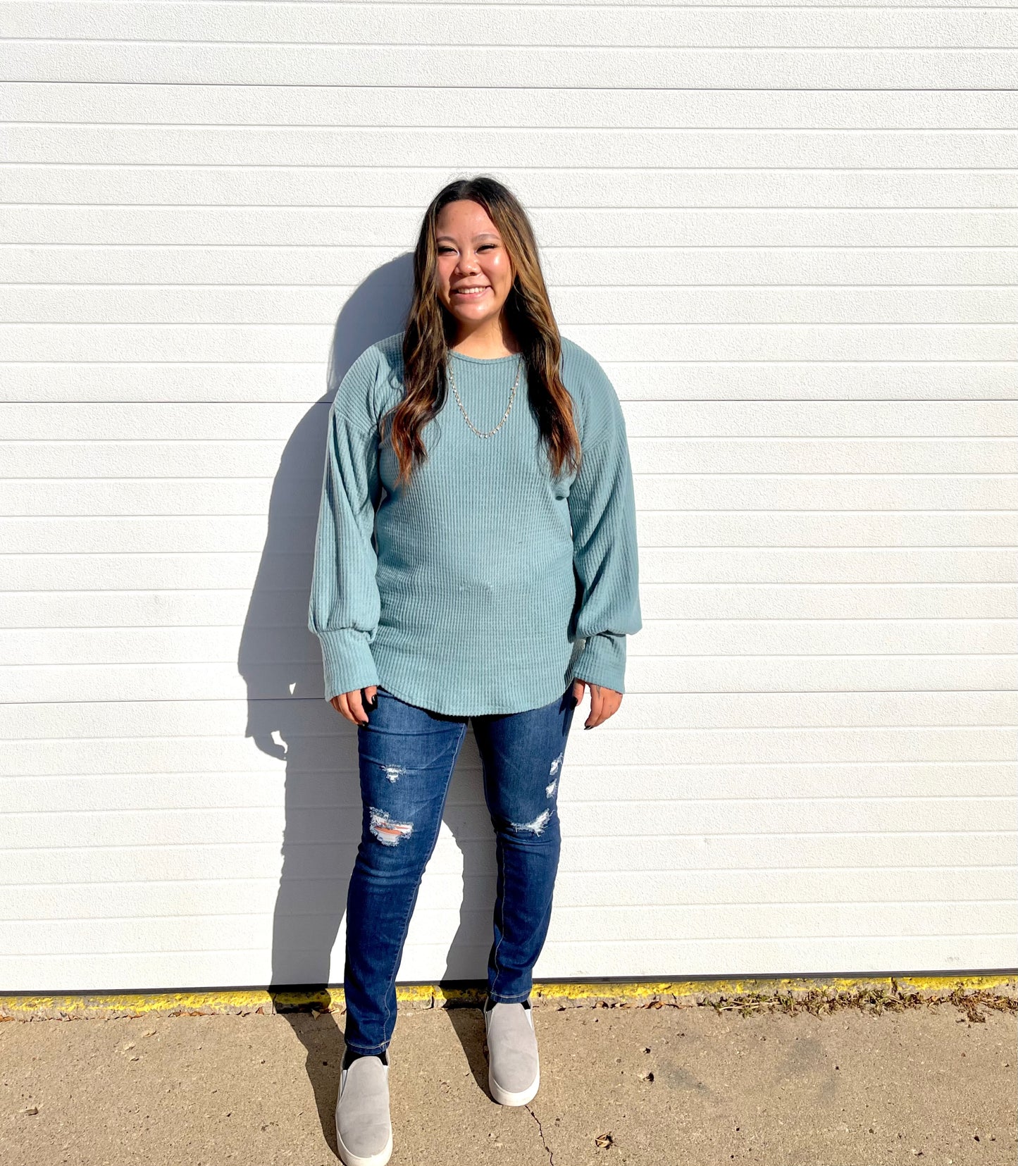 ACTING PRO- Solid Long Sleeve Waffle Top