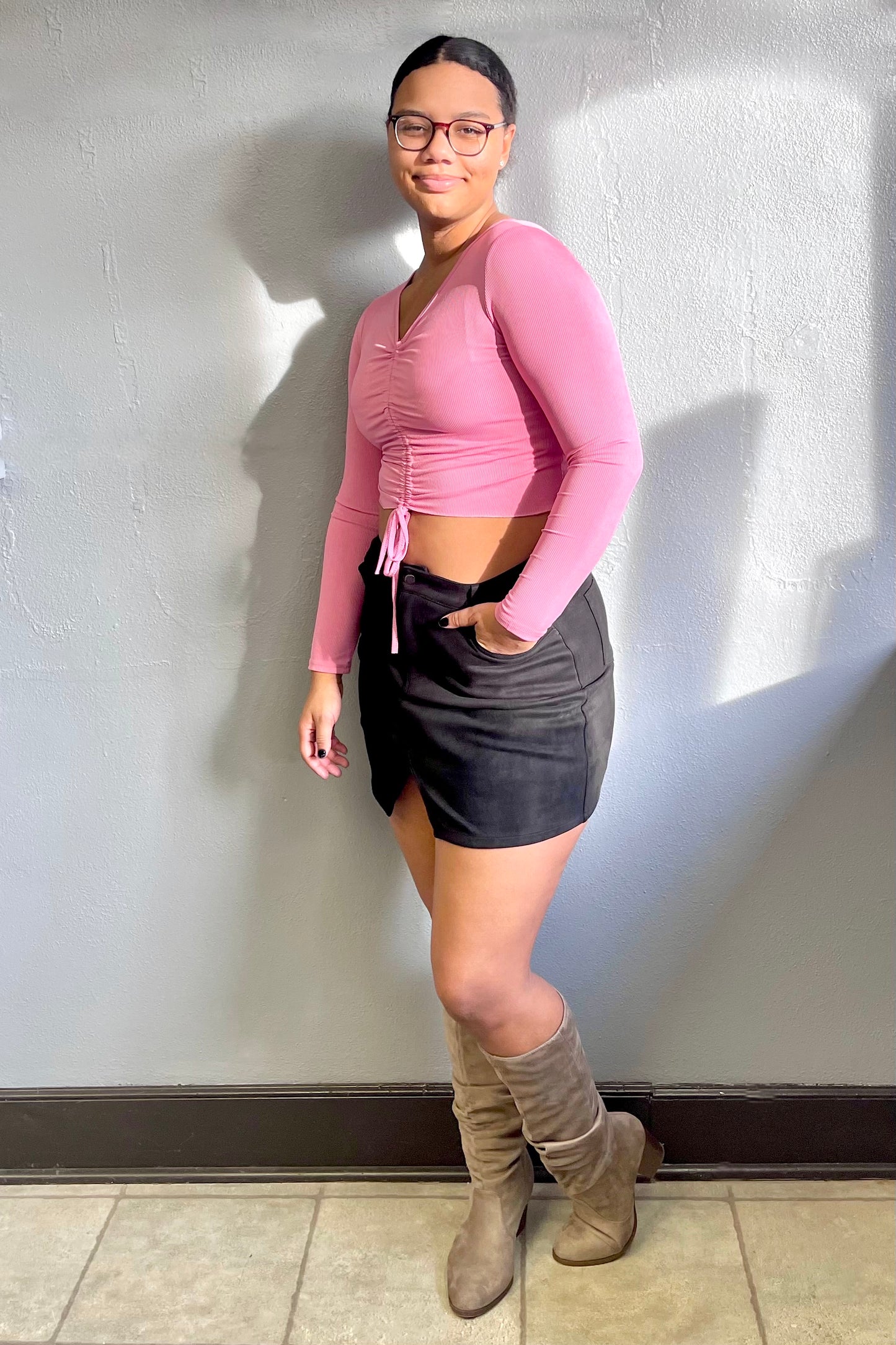 Q.Z.Z. TRADING- Cropped LS V Neck w/ Ruched Front Detail