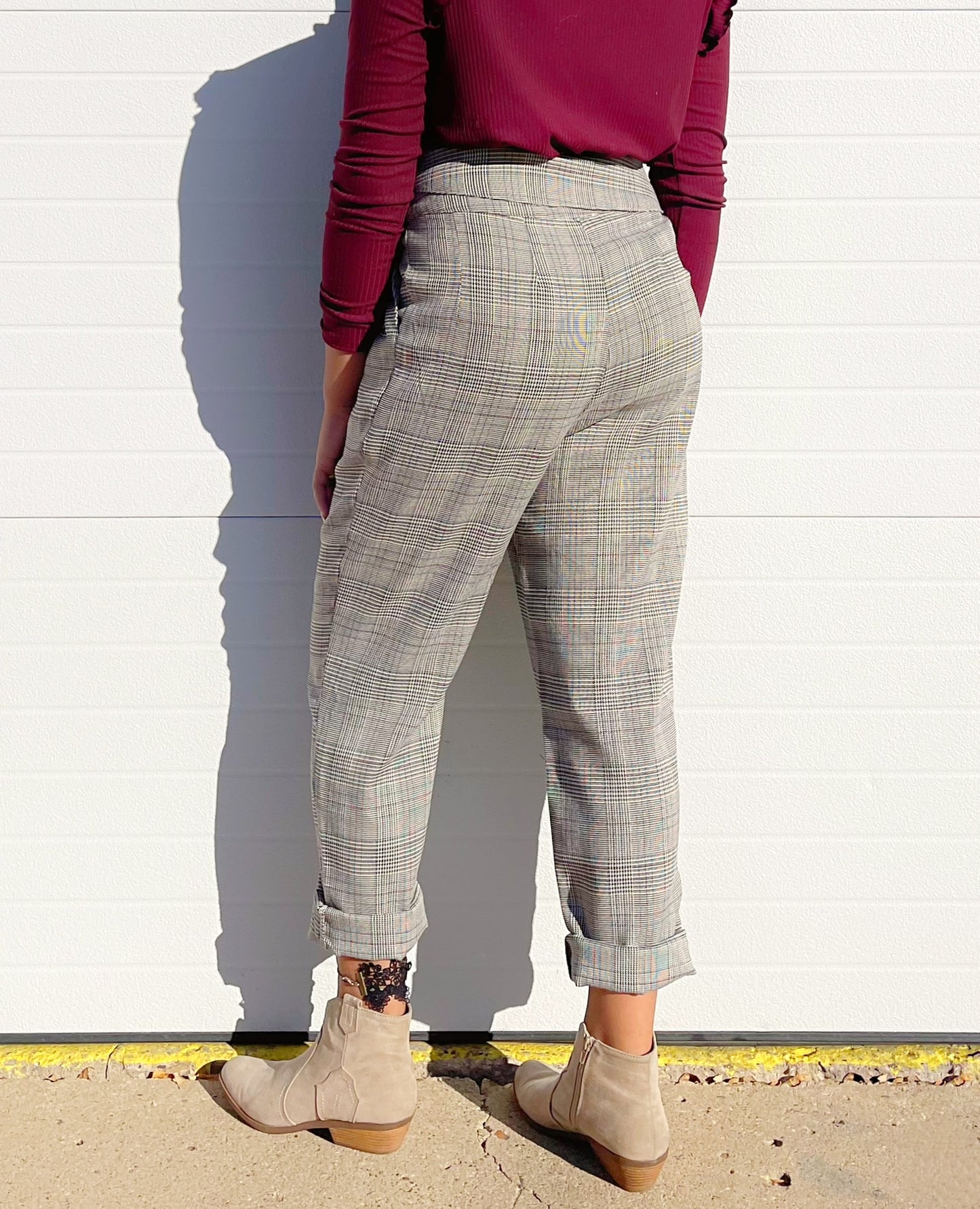 EE:SOME- Self Tie High Waisted Plaid Pants