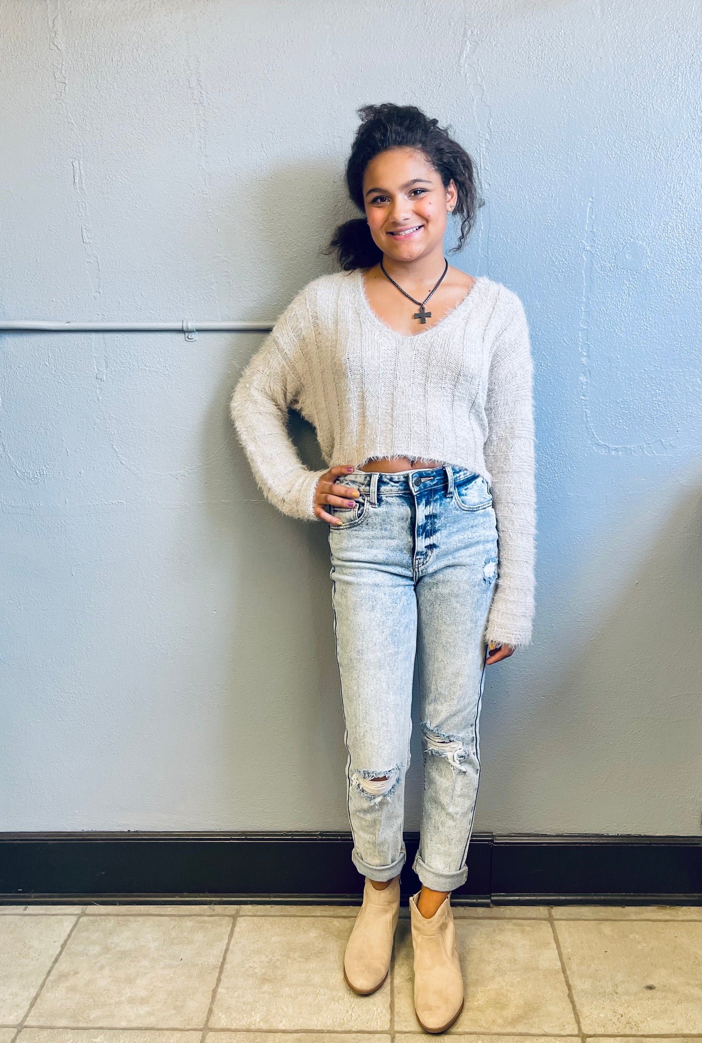 HYFVE- Cream & Silver Knit Cropped Sweater