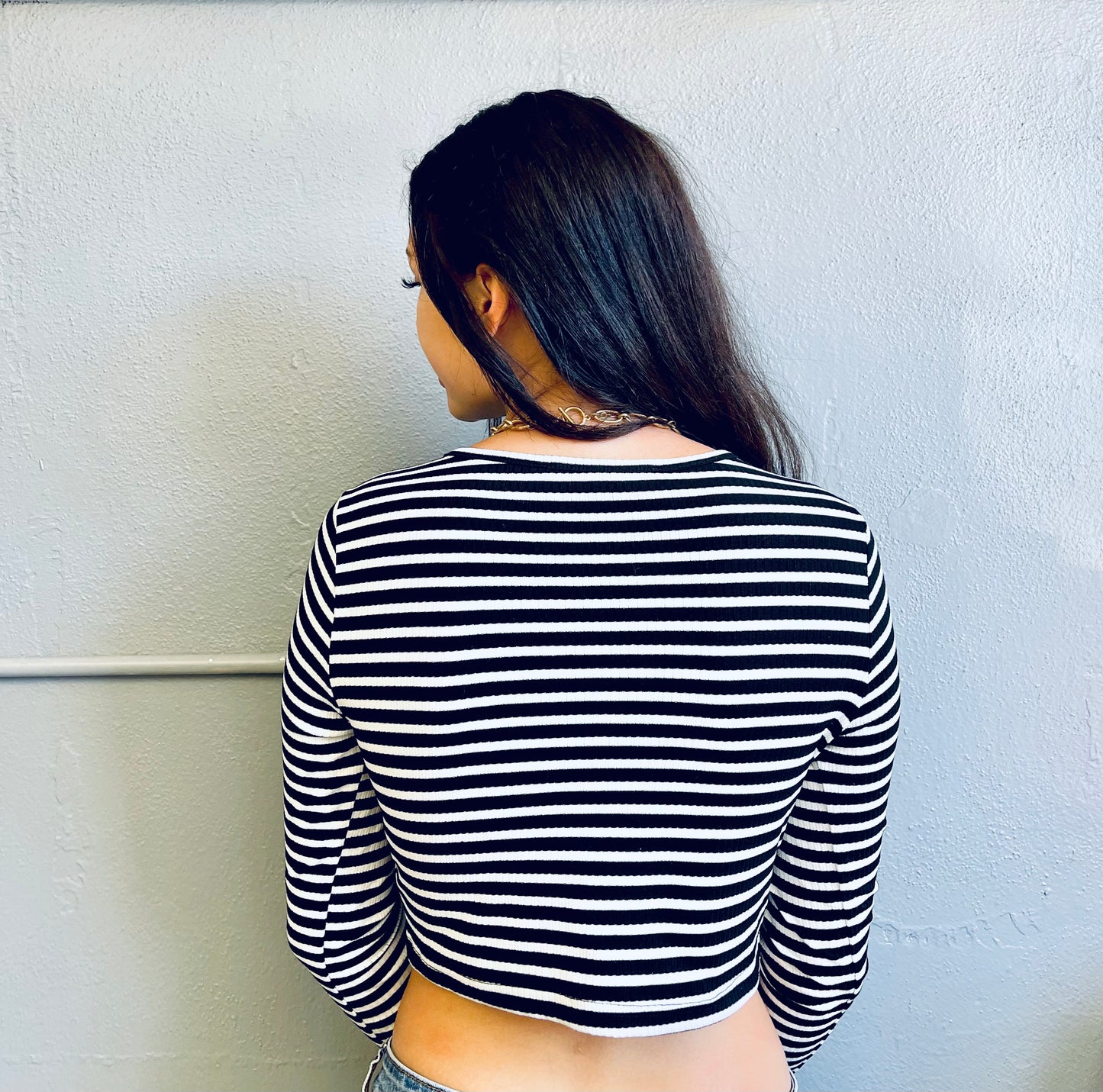 HYFVE- Black&White Stripe Crop LS w/ Buttons