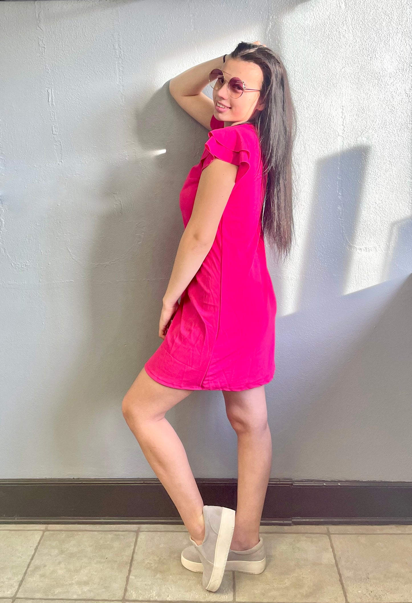 CES FEMME- Ruffle Sleeves Solid Tunic Dress