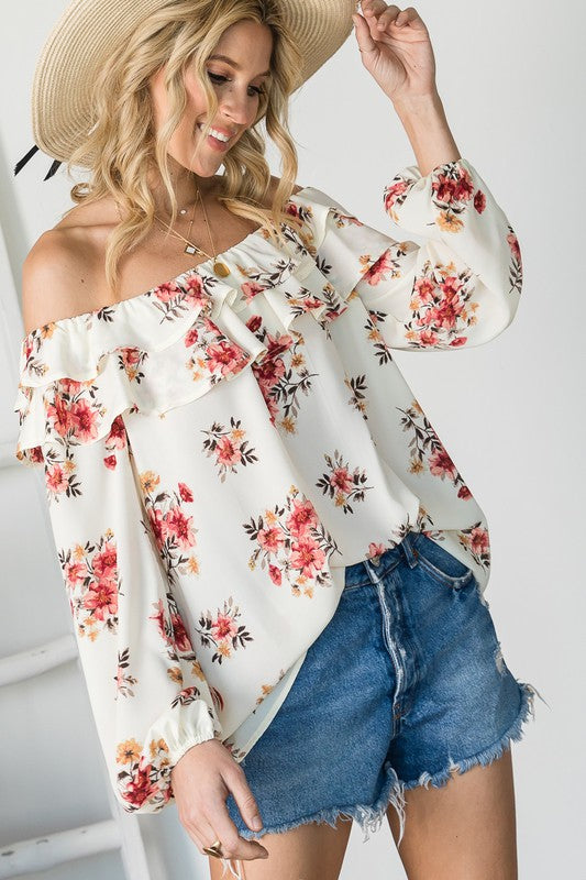 Vine & Love- Floral Print Off Shoulder Top