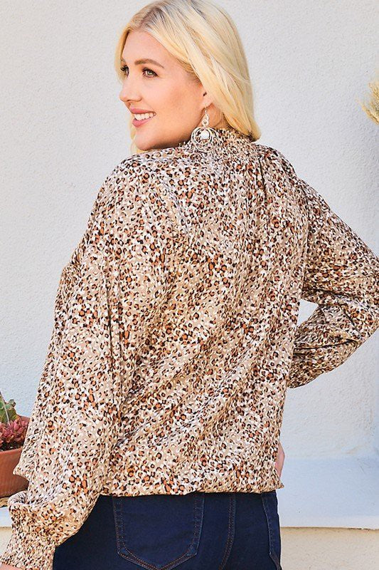 MAIN STRIP- Elastic Smoking Neck Smoking Sleeve Leopard Top