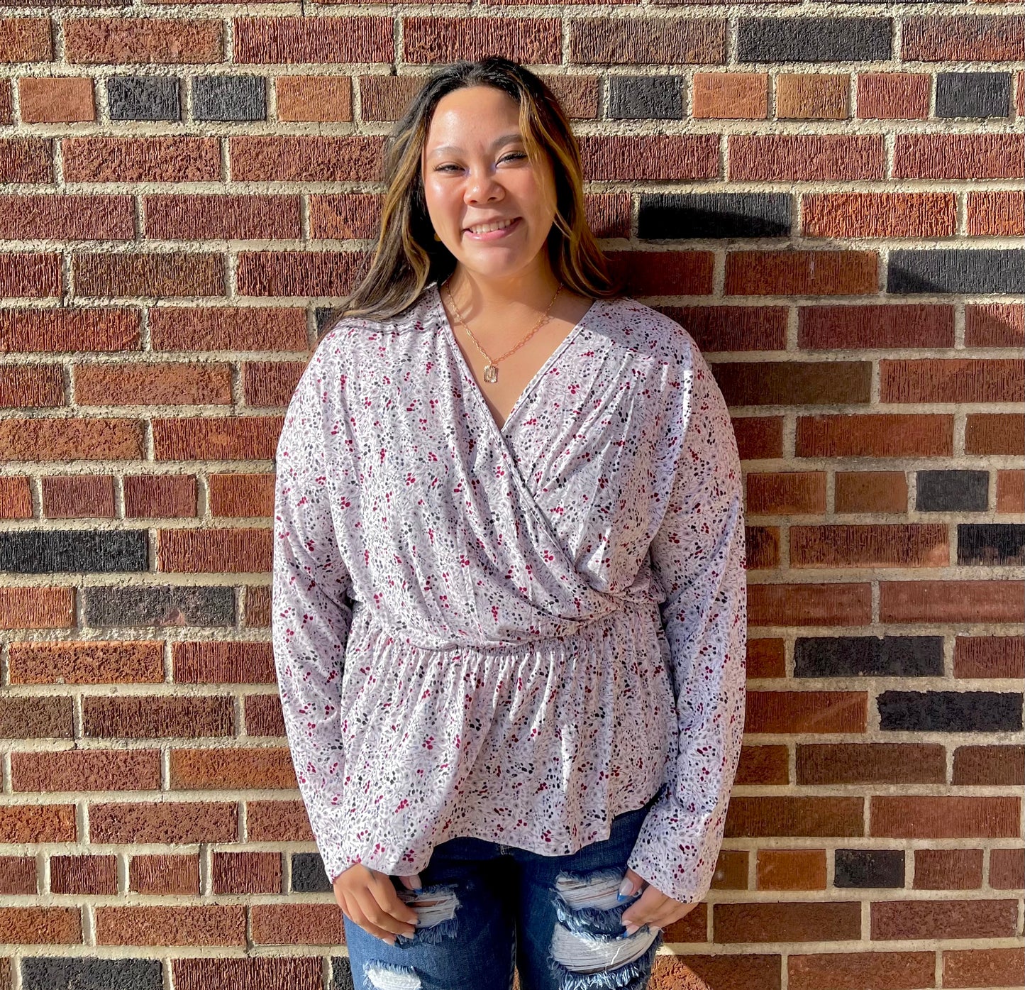 WHITE BIRCH- LS Floral Print Knit Top