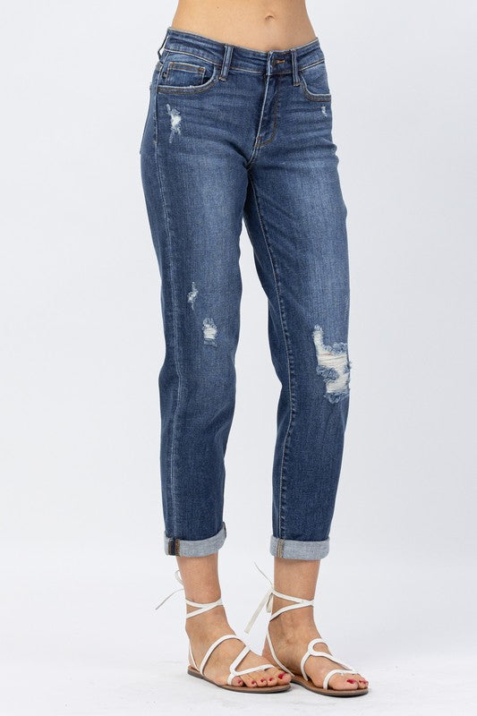 JUDY BLUE- Mid Rise Slim Fit Destroyed & Cuffed