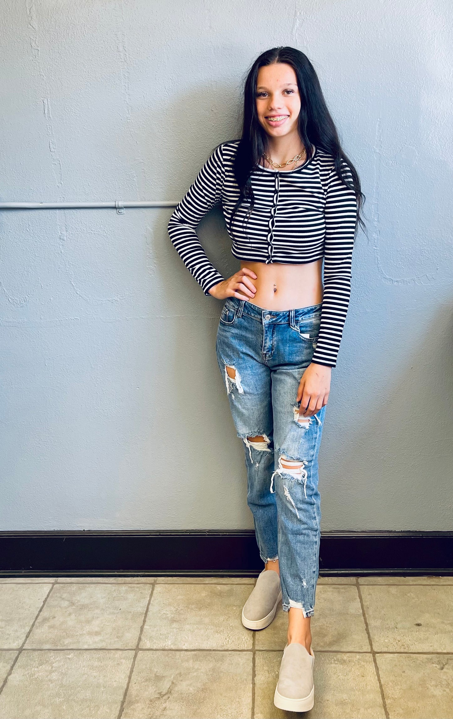 HYFVE- Black&White Stripe Crop LS w/ Buttons