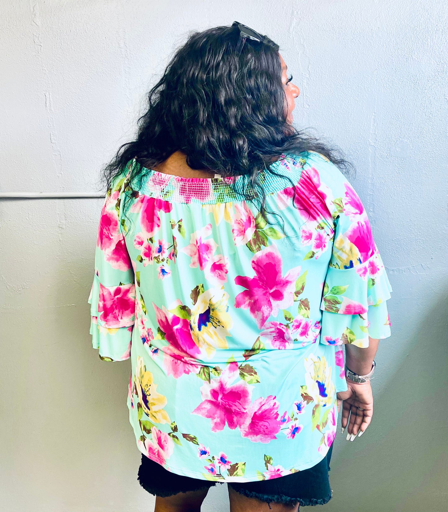 EMERALD- Plus Size Floral Off Shoulder Venechcia Top